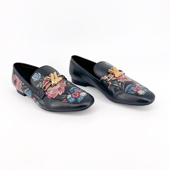 Louis Vuitton Upper Case LV Black Leather Floral Loafers Flat Size 37 US 7 Women - Picture 1 of 15